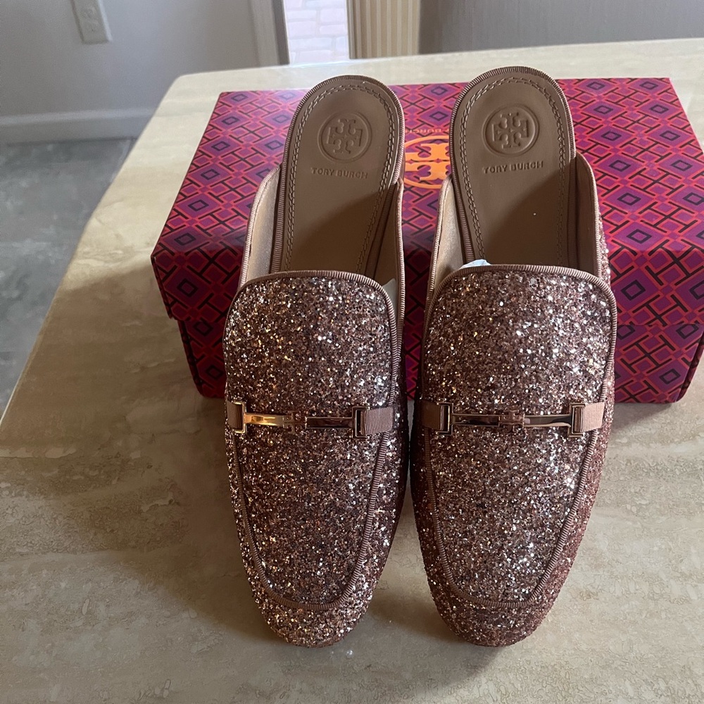 Tory Burch Rose Gold Glitter Mules